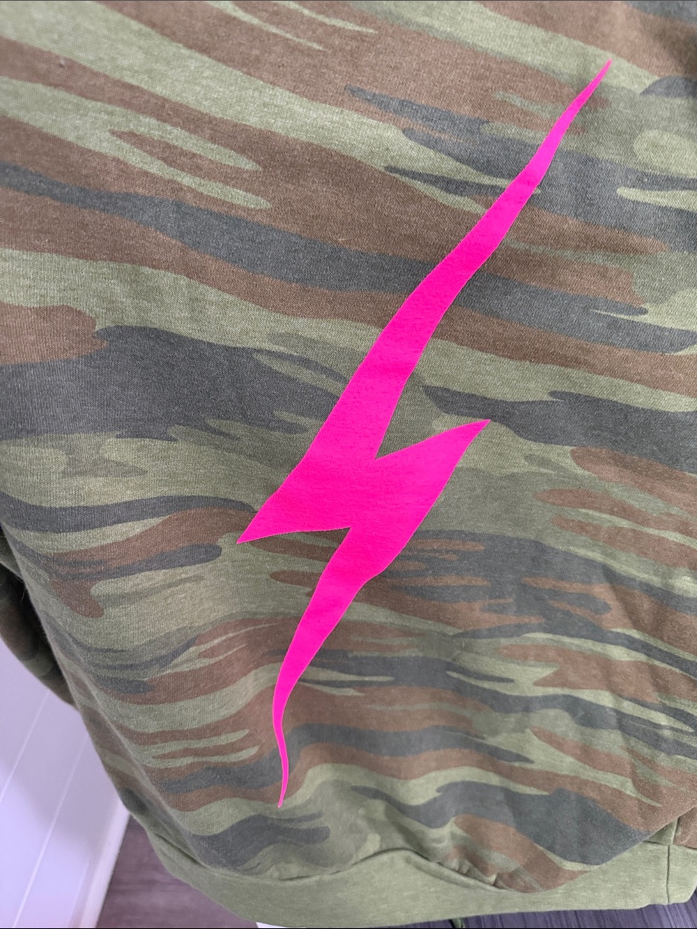 Aviator Nation Green Camo Sweatshirt with Hot Pink Bolt - Picture 2 of 5